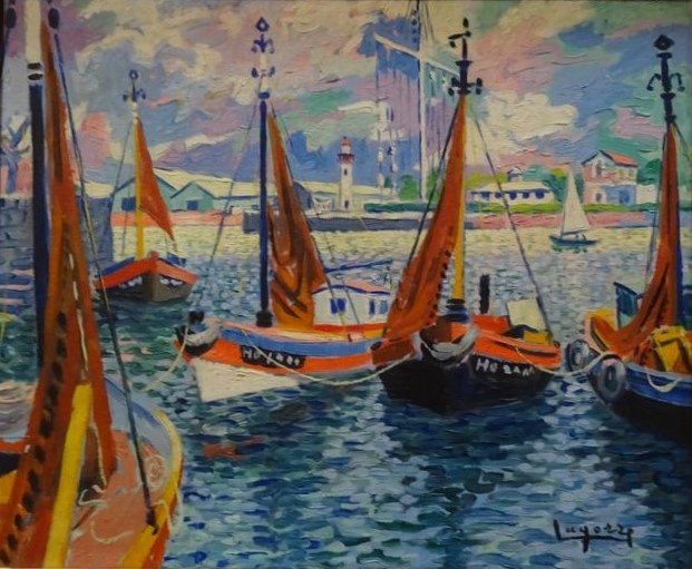 Bateaux au port d'Honfleur. (Normandie.Seine-maritime) Hst. 38x46 cm.